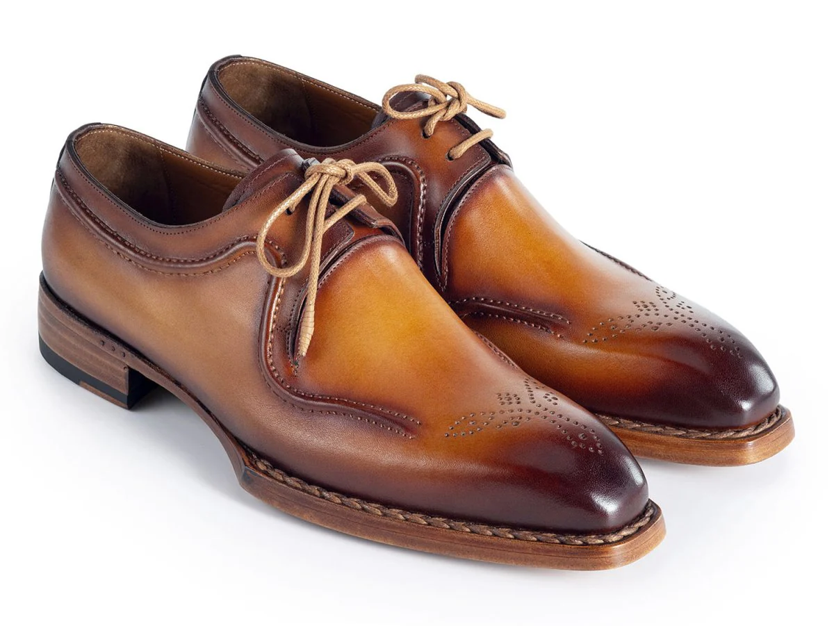 Paul Parkman Men's Hand-Welted Leather Derby Shoes in Camel Brown