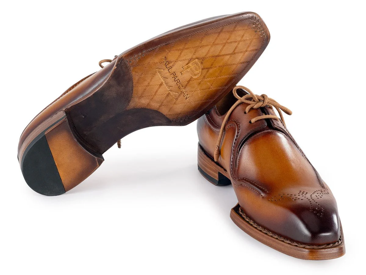 Paul Parkman Men's Hand-Welted Leather Derby Shoes in Camel Brown - Image 4