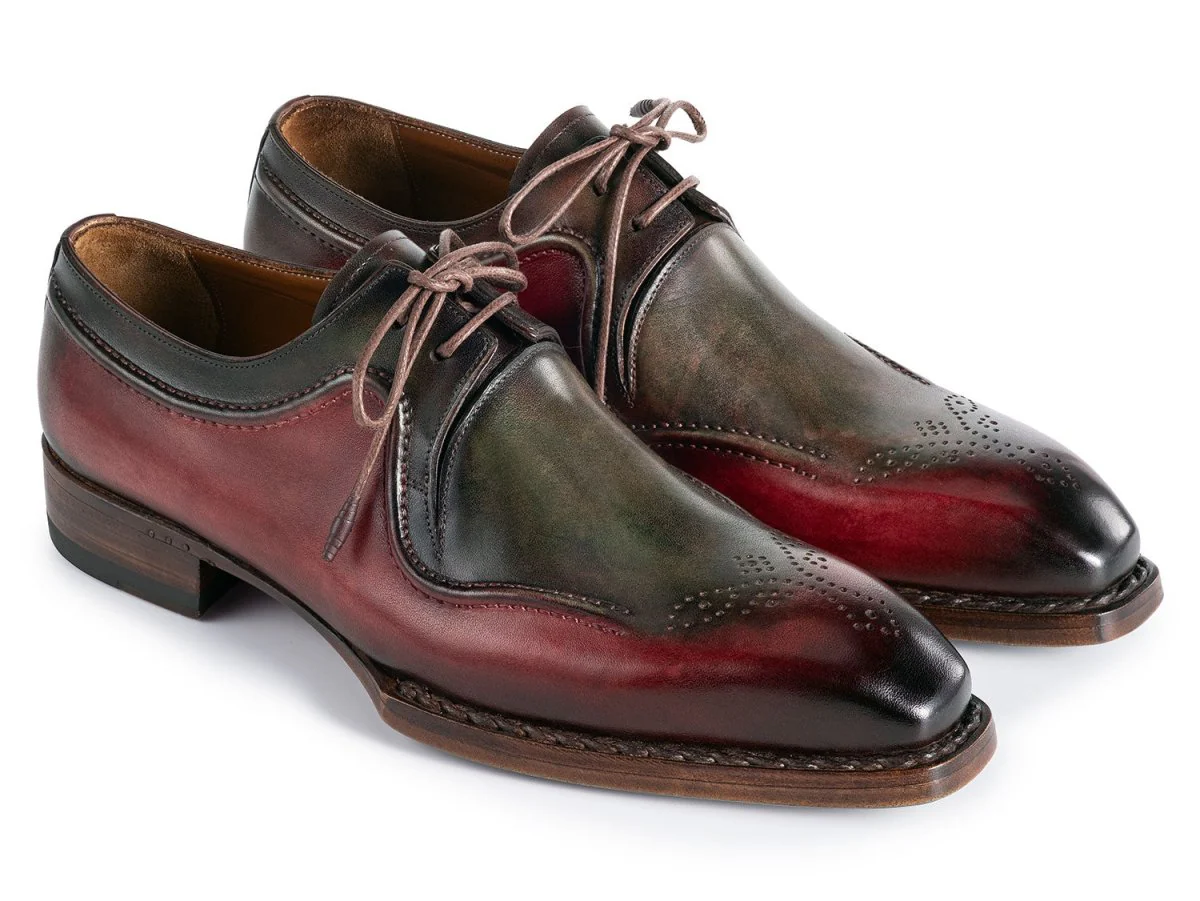 Paul Parkman Men's Hand-Welted Leather Derby Shoes in Green and Brown