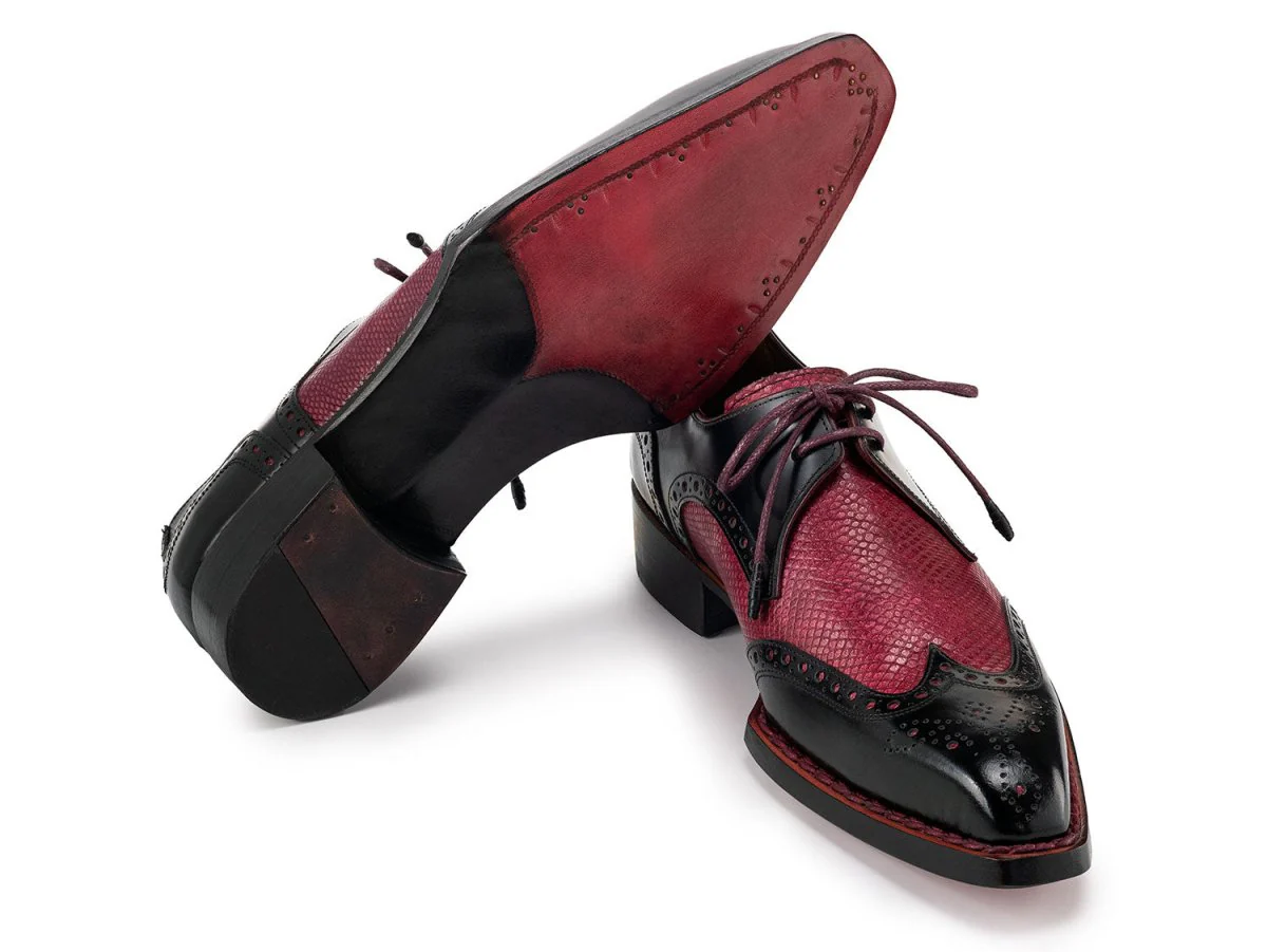 Paul Parkman Men's Hand-Welted Leather Wingtip Derby Shoes in Black and Red - Image 2