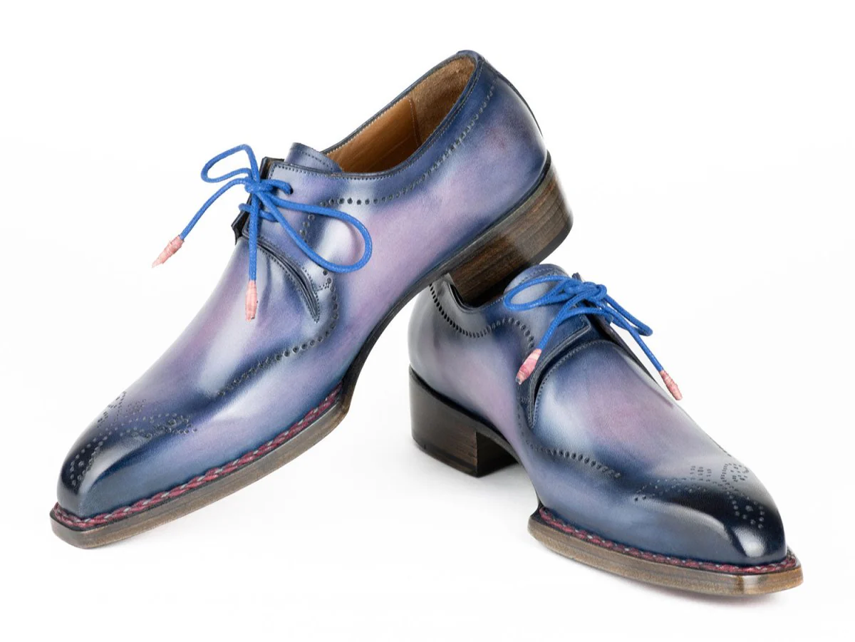 Paul Parkman Men's Hand-Welted Pink and Navy Leather Derby Shoes (ID#599F67) - Image 4