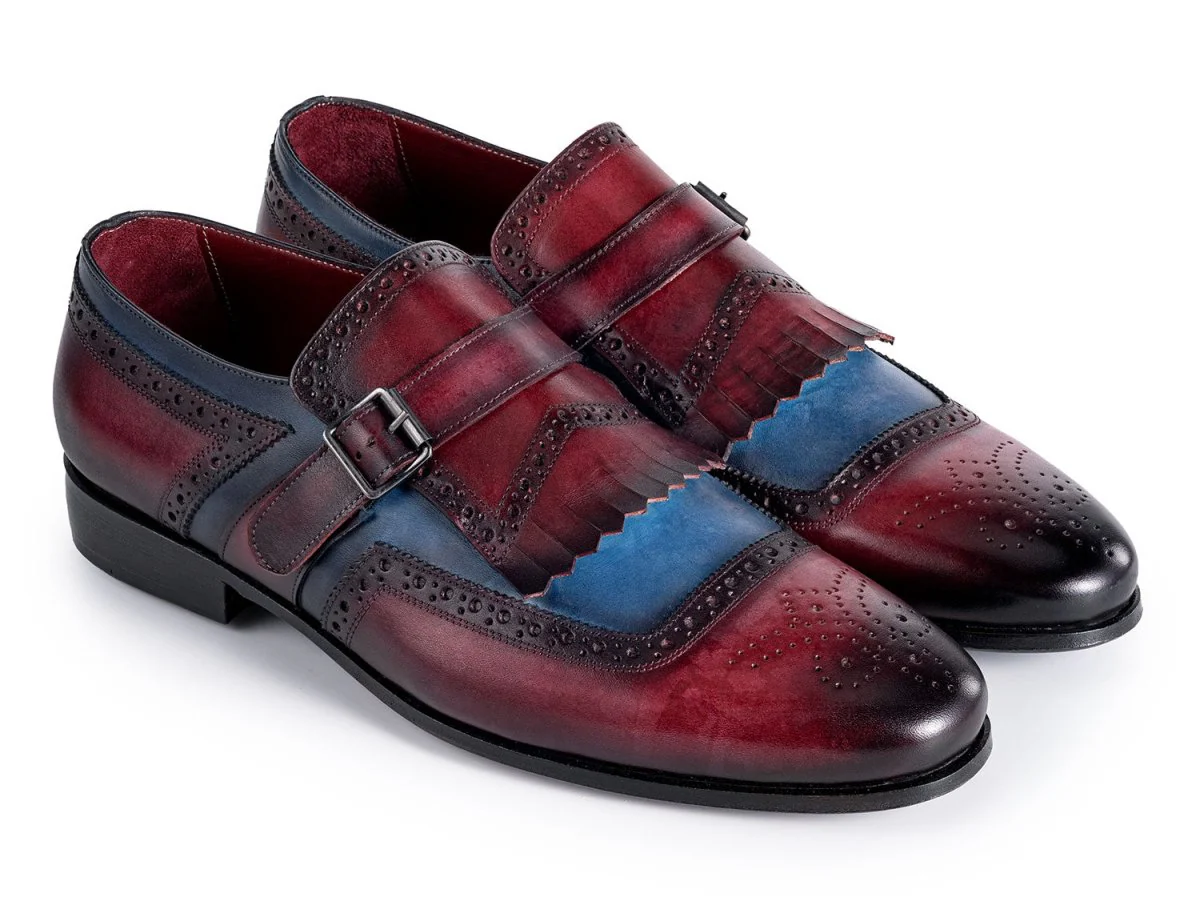 Paul Parkman Men's Kiltie Monkstrap Leather Shoes in Blue and Burgundy