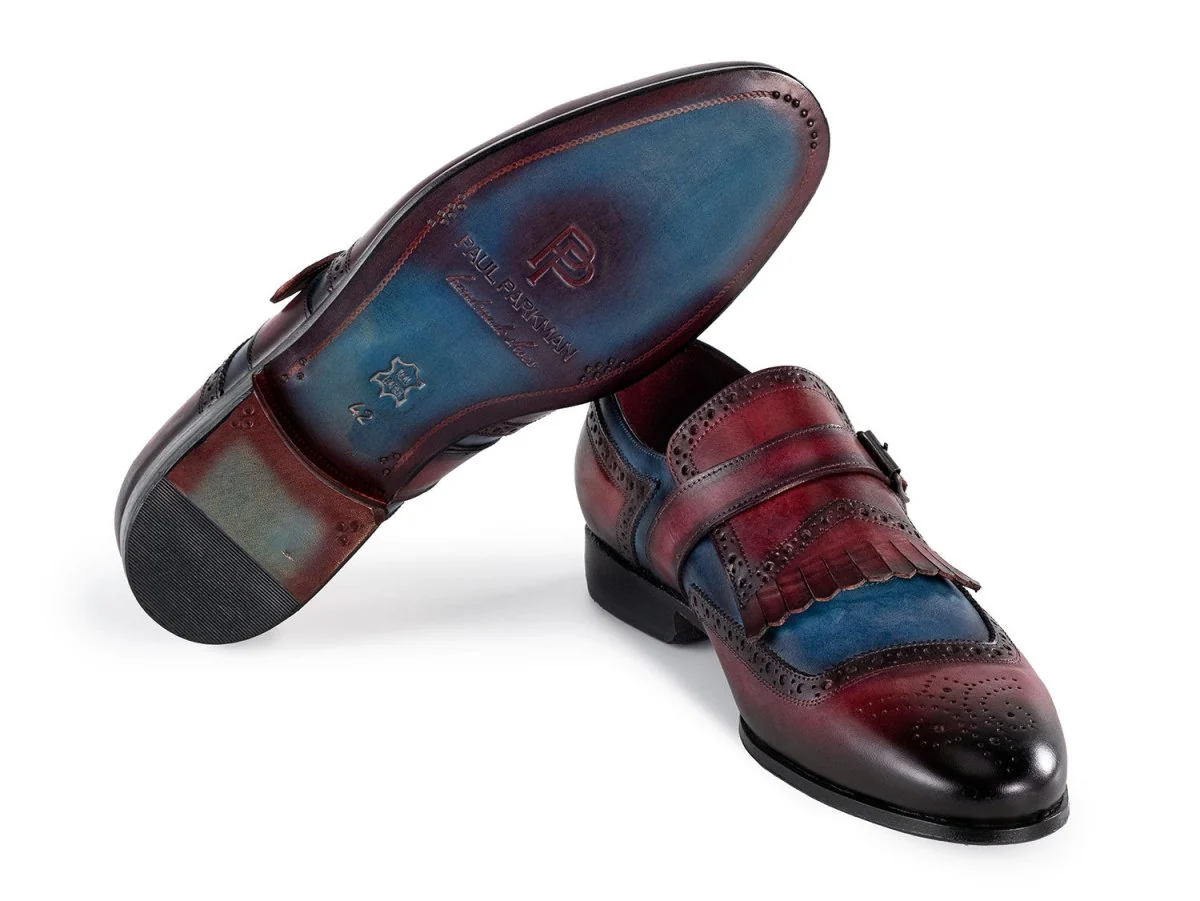 Paul Parkman Men's Kiltie Monkstrap Leather Shoes in Blue and Burgundy - Image 3