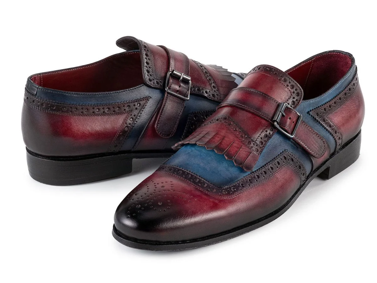 Paul Parkman Men's Kiltie Monkstrap Leather Shoes in Blue and Burgundy - Image 4