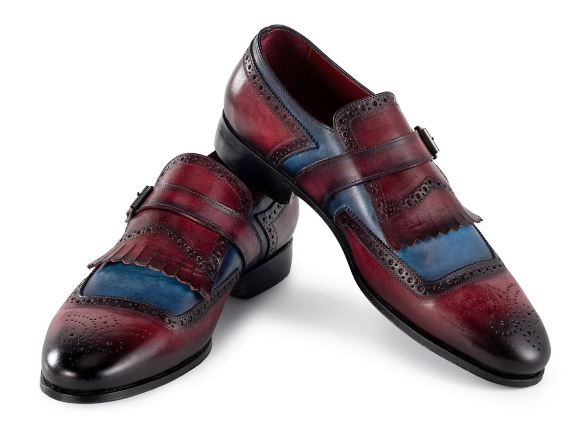 Paul Parkman Men's Kiltie Monkstrap Leather Shoes in Blue and Burgundy - Image 5
