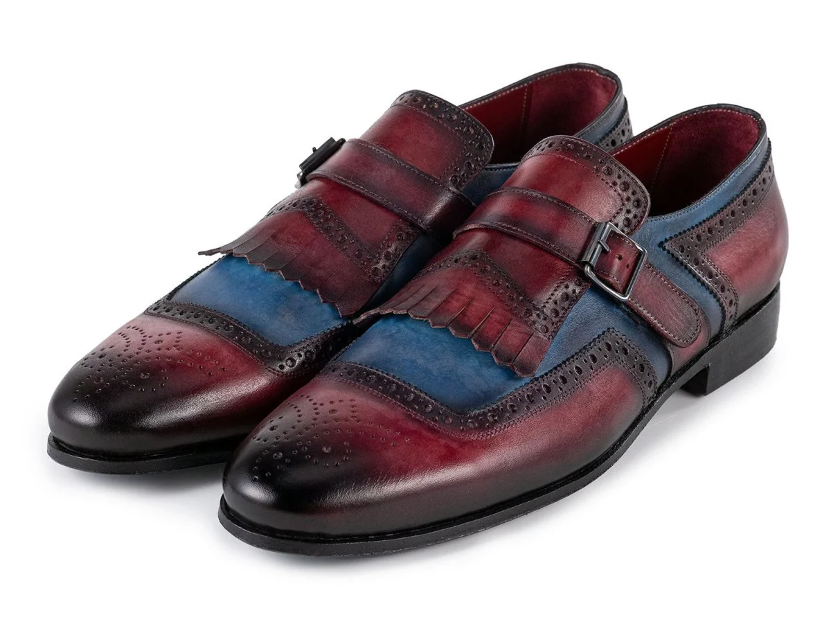 Paul Parkman Men's Kiltie Monkstrap Leather Shoes in Blue and Burgundy - Image 6