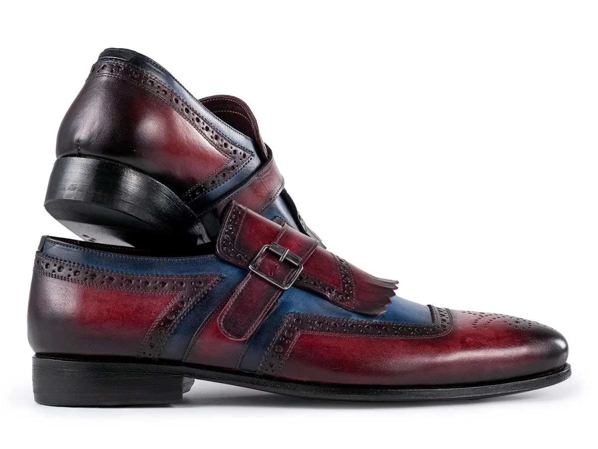 Paul Parkman Men's Kiltie Monkstrap Shoes Blue and Burgundy Leather (ID#12MV62) - Image 2