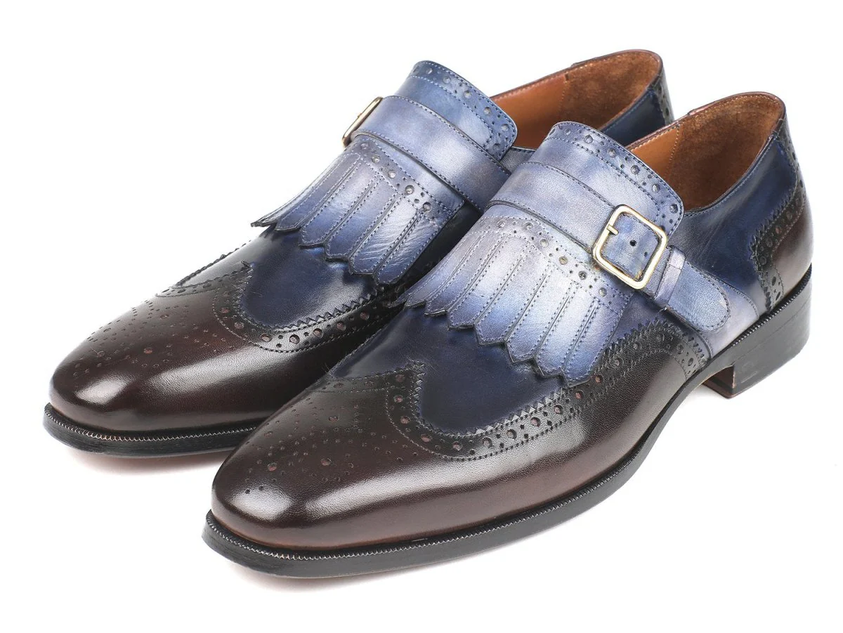 Paul Parkman Men's Kiltie Monkstraps in Blue and Brown - Image 4