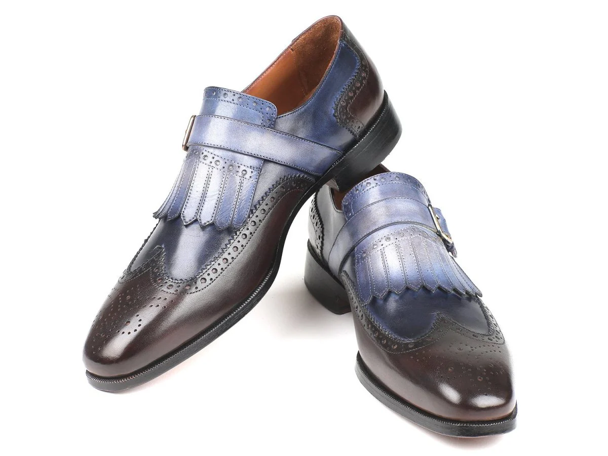 Paul Parkman Men's Kiltie Monkstraps in Blue and Brown - Image 5