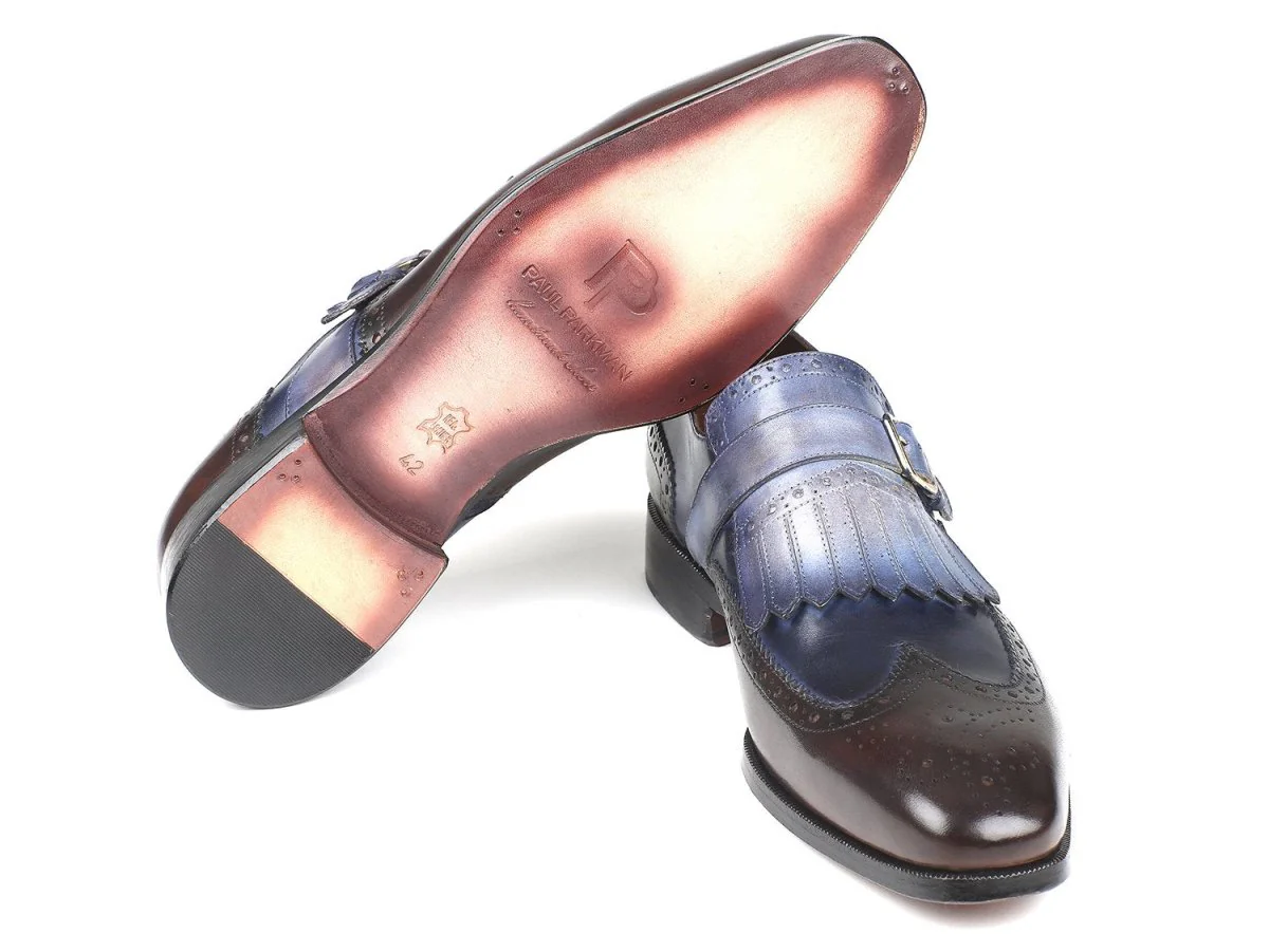 Paul Parkman Men's Kiltie Monkstraps in Blue and Brown - Image 6