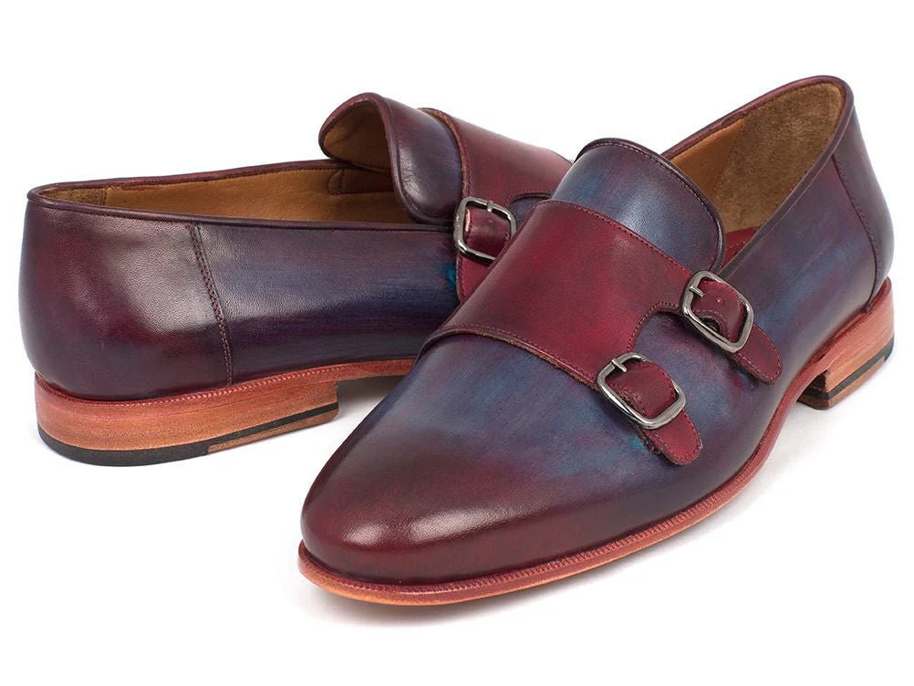 Paul Parkman Men's Leather Double Monkstraps in Bordeaux and Navy - Image 3