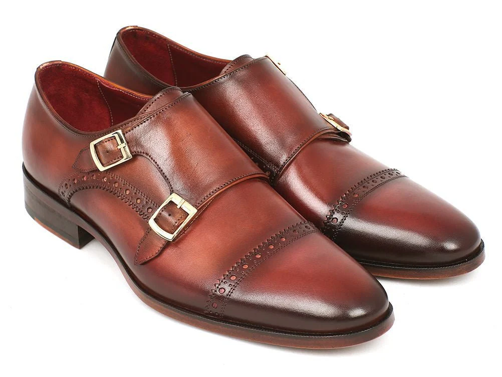 Paul Parkman Men's Leather Double Monkstraps in Camel and Light Brown