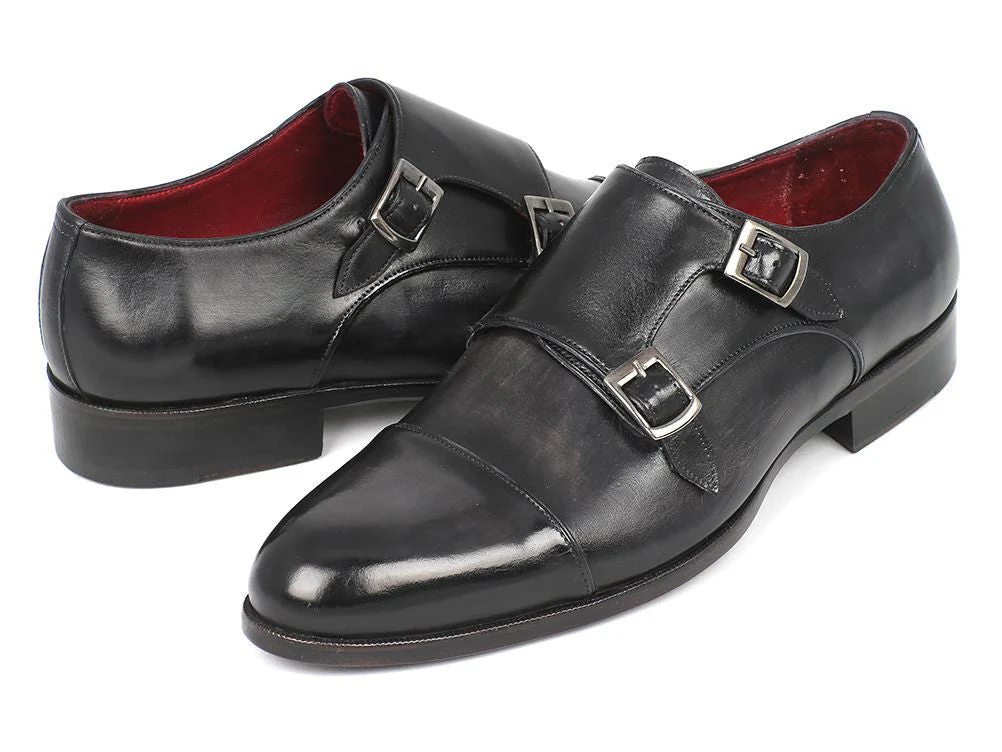 Paul Parkman Men's Leather Double Monkstraps in Gray and Black - Image 2