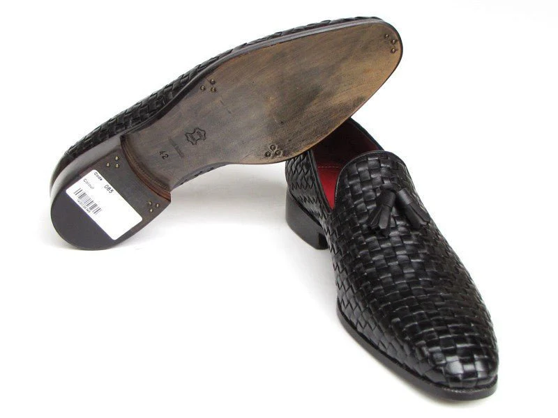 Paul Parkman Men's Leather Woven Tassel Loafers in Black - Image 5