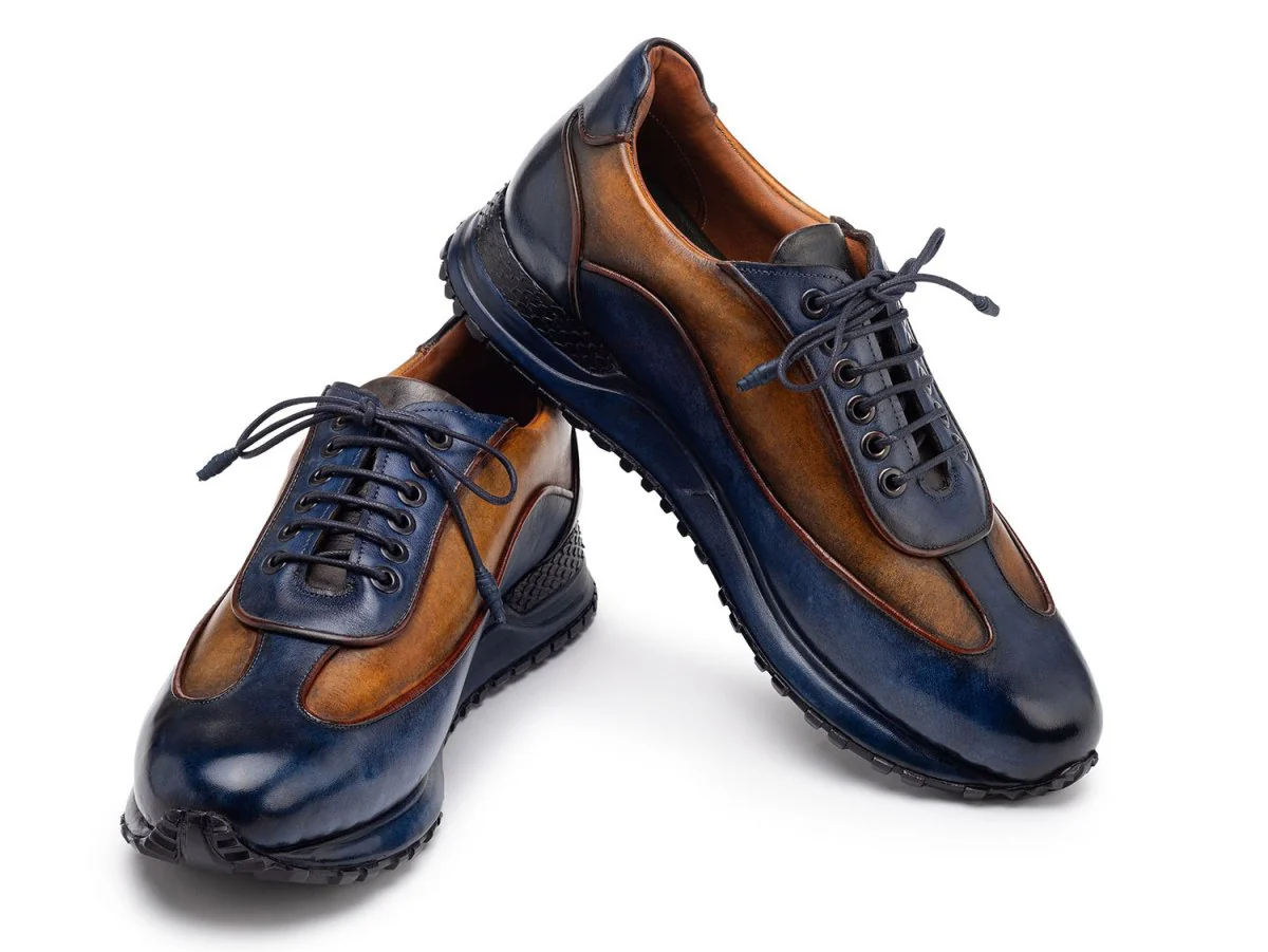 Paul Parkman Men's Patina Leather Sneakers in Blue and Camel - Image 3