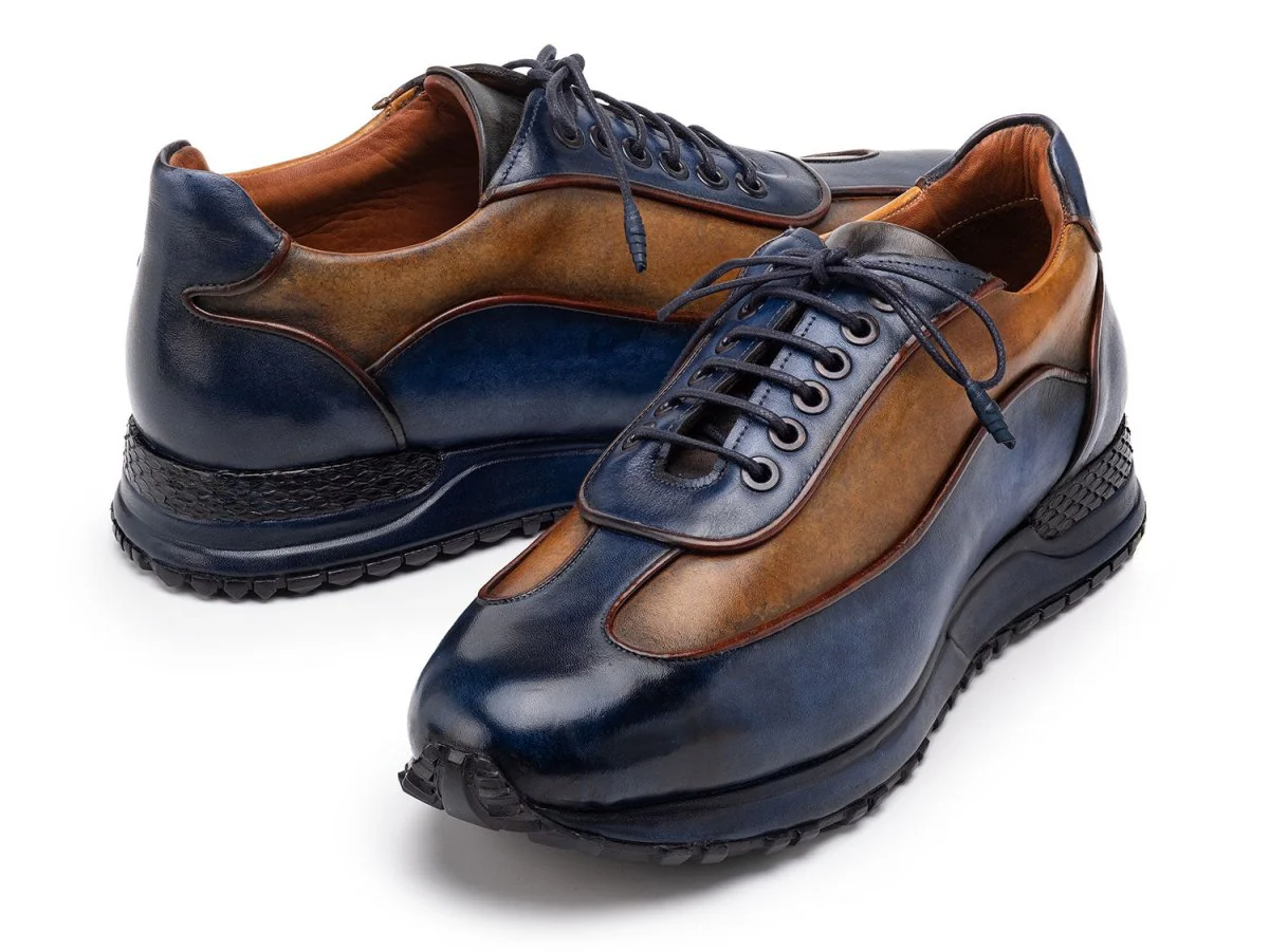 Paul Parkman Men's Patina Leather Sneakers in Blue and Camel - Image 4