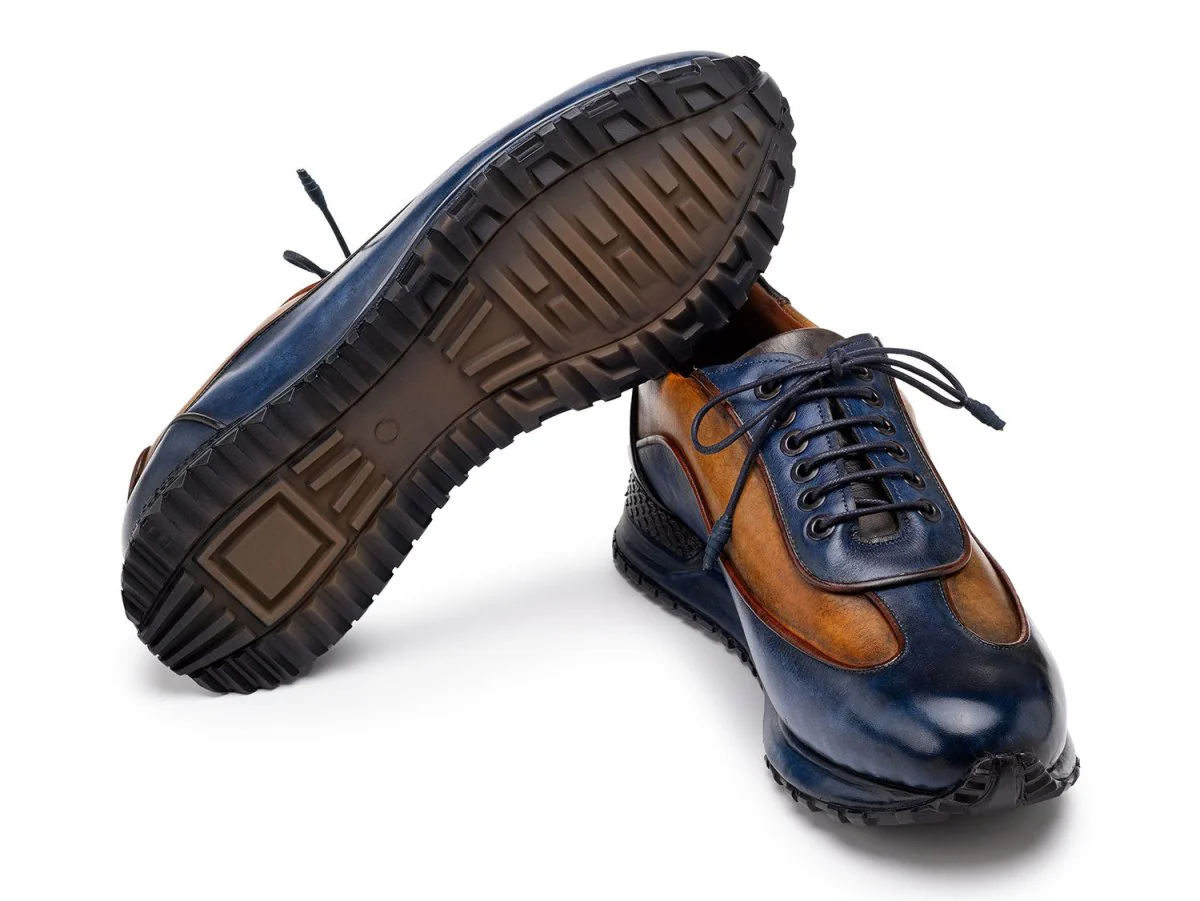 Paul Parkman Men's Patina Leather Sneakers in Blue and Camel - Image 5
