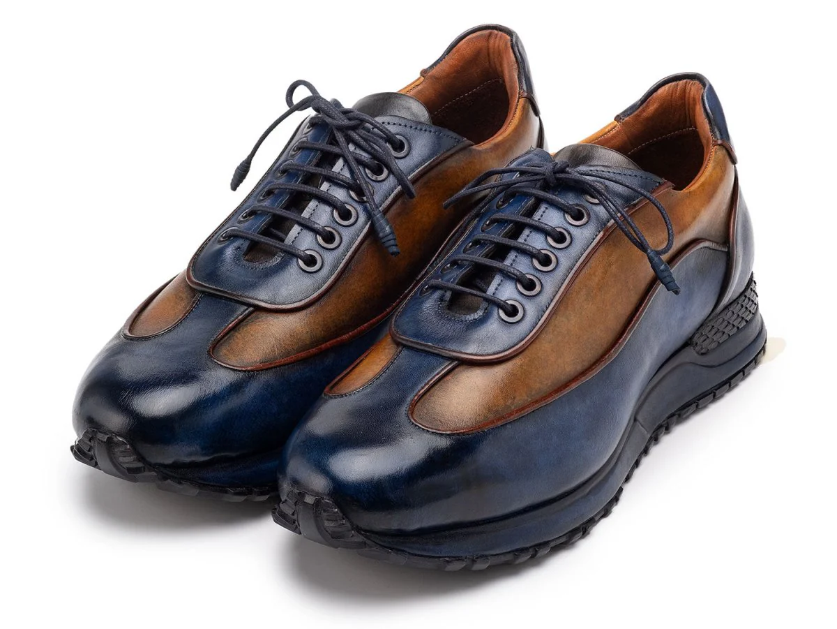 Paul Parkman Men's Patina Leather Sneakers in Blue and Camel - Image 6