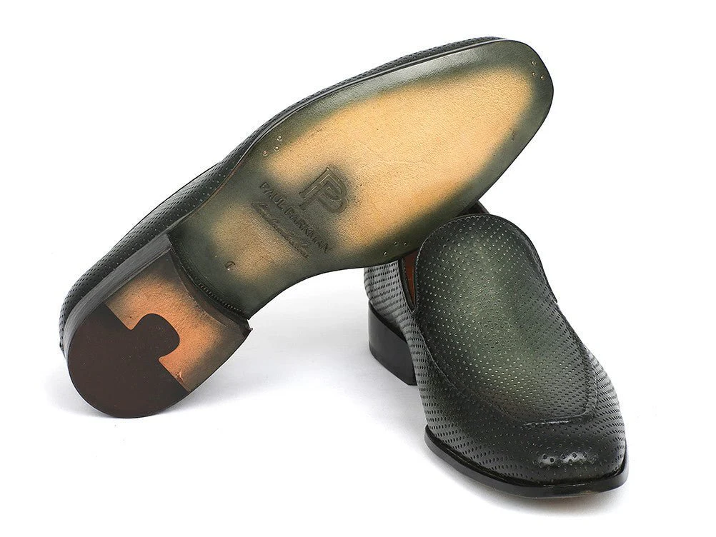 Paul Parkman Men's Perforated Leather Loafers in Green - Image 3