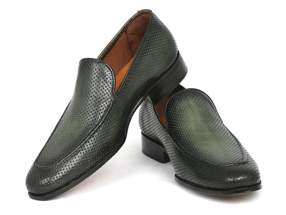 Paul Parkman Men's Perforated Leather Loafers in Green - Image 4