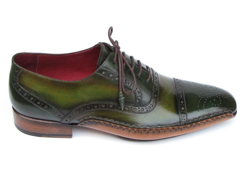 Paul Parkman Men's Side Sewn Leather Captoe Oxfords in Green and Yellow - Image 4