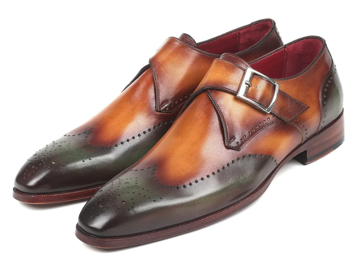 Paul Parkman Men's Single Monkstraps in Green and Camel - Image 6