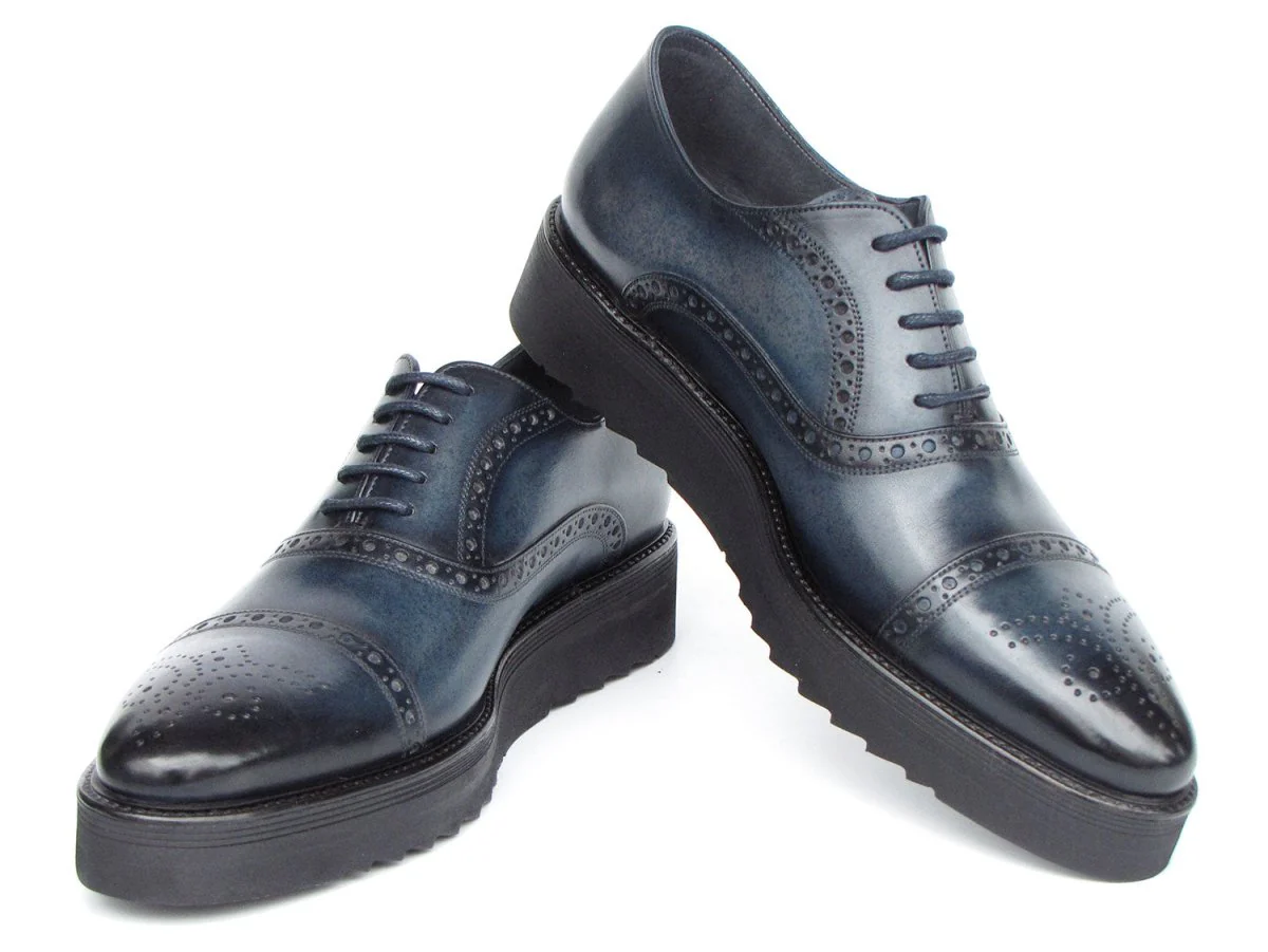 Paul Parkman Men's Smart Casual Cap Toe Oxford Shoes Navy Leather (ID#285-NVY-LTH) - Image 5