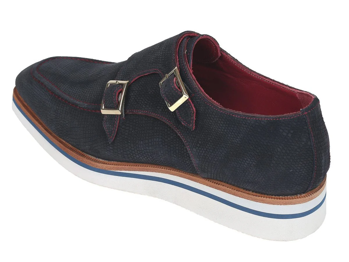 Paul Parkman Men's Smart Casual Monkstrap Shoes Navy Suede (ID#189-NVY-SD) - Image 4