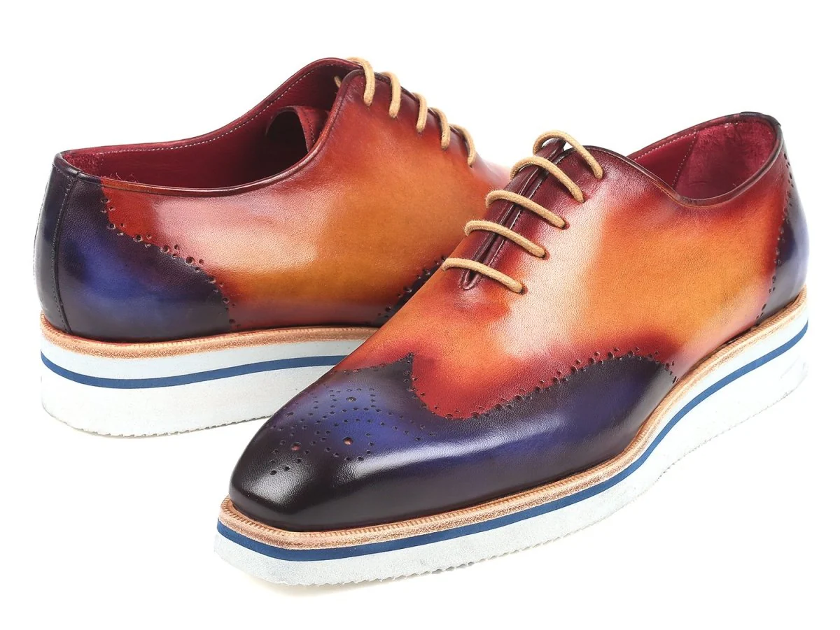 Paul Parkman Men's Smart Casual Wingtip Oxfords Blue and Camel (ID#188-BLU-CML) - Image 3