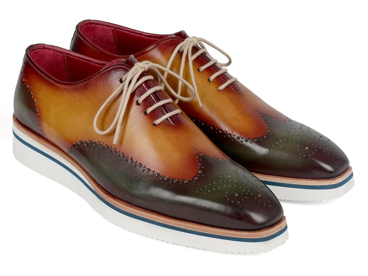 Paul Parkman Men's Smart Casual Wingtip Oxfords Green and Camel (ID#188-GRN-CML)