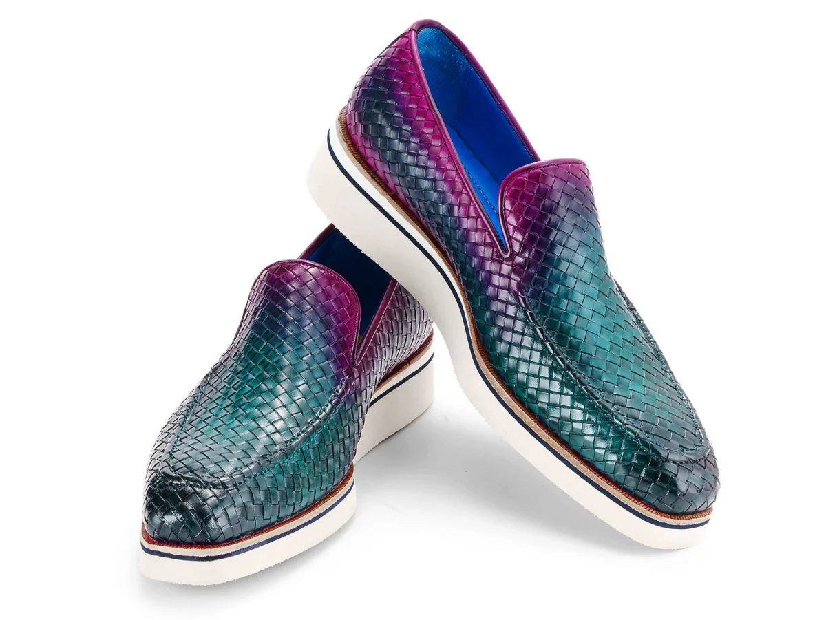 Paul Parkman Men's Smart Casual Woven Leather Loafers in Green and Purple - Image 4