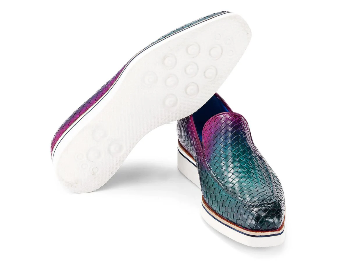 Paul Parkman Men's Smart Casual Woven Leather Loafers in Green and Purple - Image 5