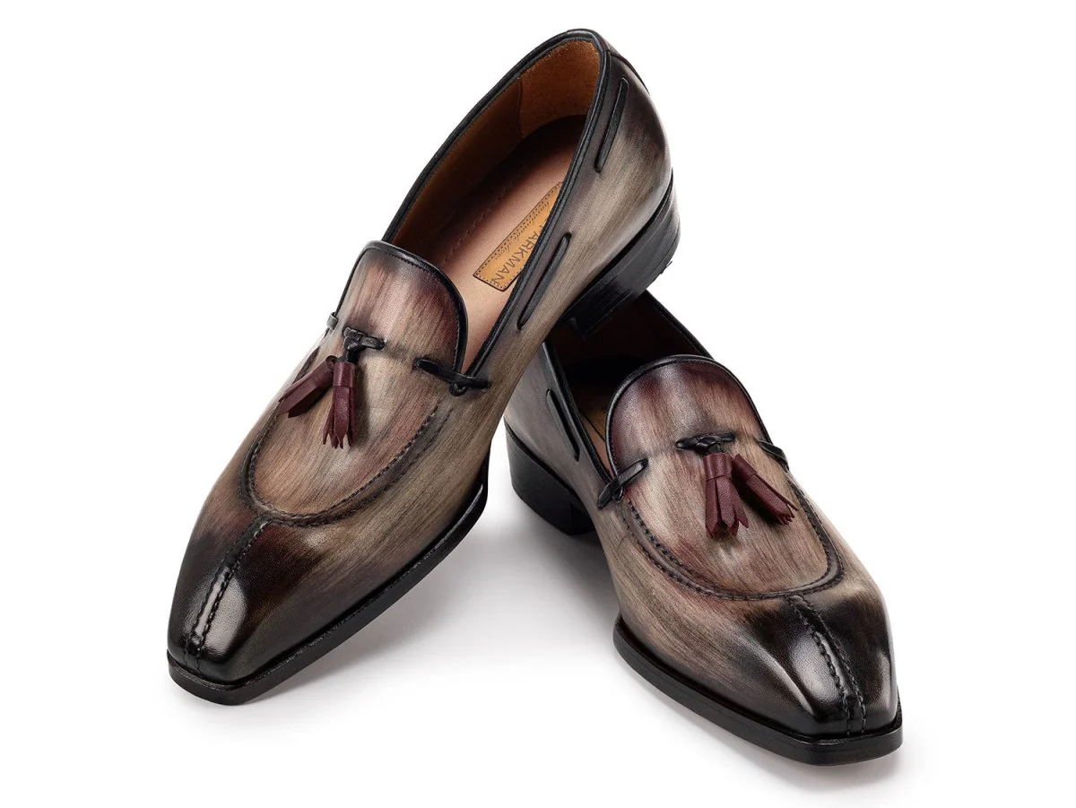 Paul Parkman Men's Split Toe Patina Leather Tassel Loafers in Brown - Image 5