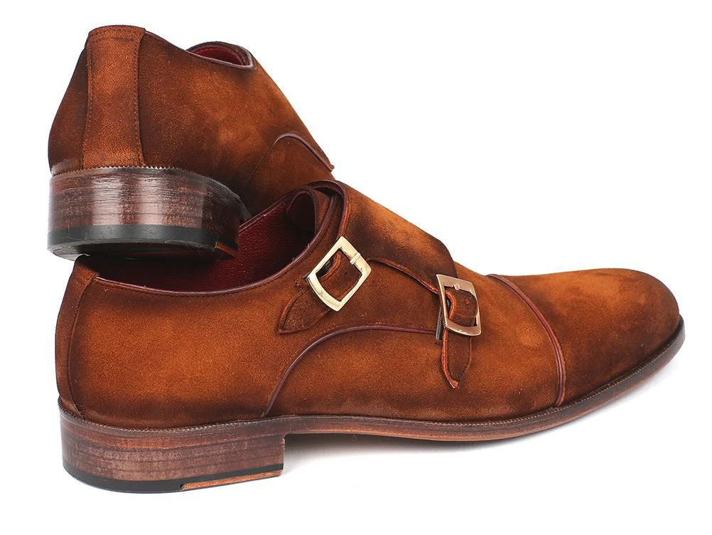 Paul Parkman Men's Suede Captoe Double Monkstraps in Camel - Image 3