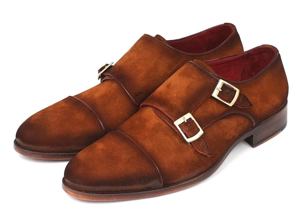Paul Parkman Men's Suede Captoe Double Monkstraps in Camel - Image 6