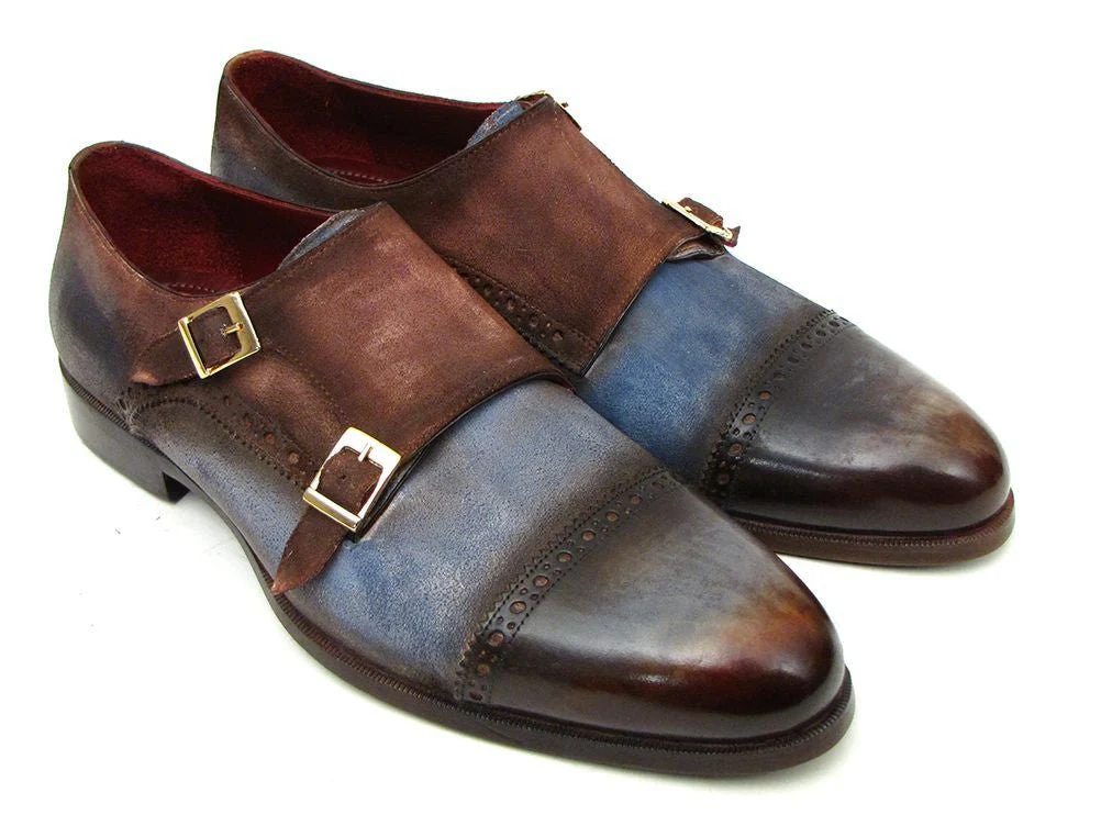 Paul Parkman Men's Suede Double Monkstraps in Antique Blue and Brown
