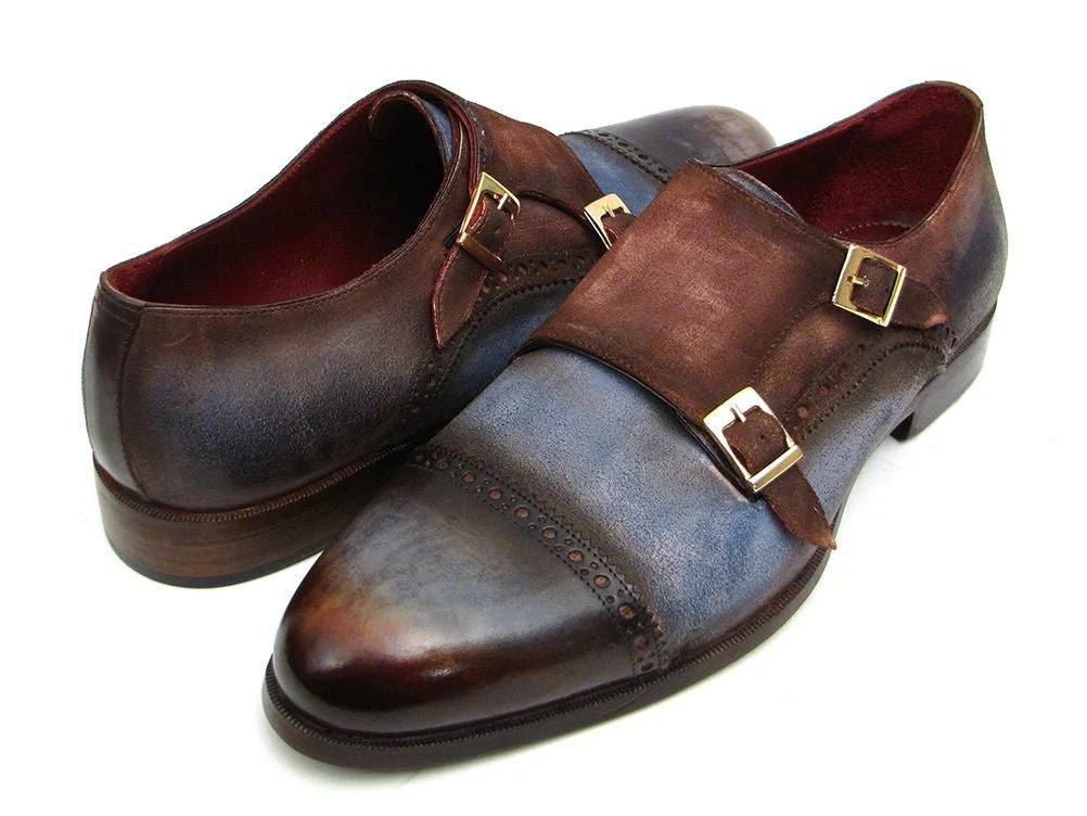 Paul Parkman Men's Suede Double Monkstraps in Antique Blue and Brown - Image 6