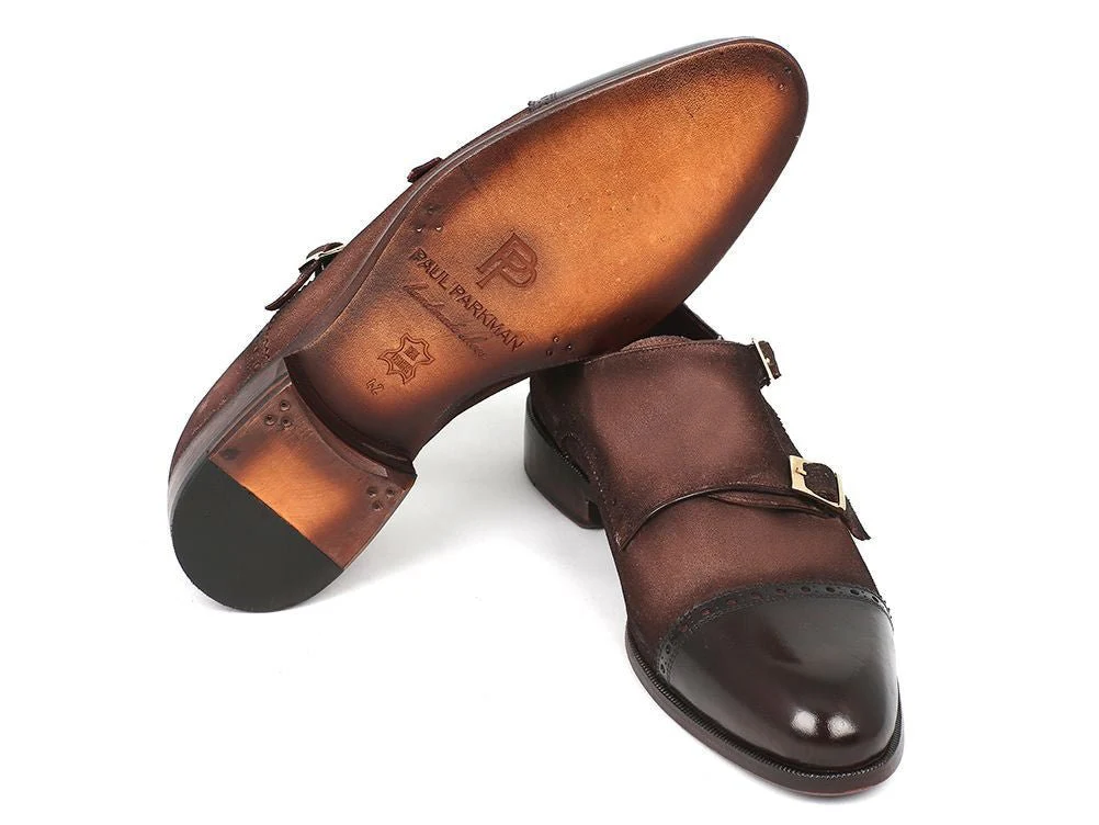 Paul Parkman Men's Suede Double Monkstraps in Brown and Beige - Image 3