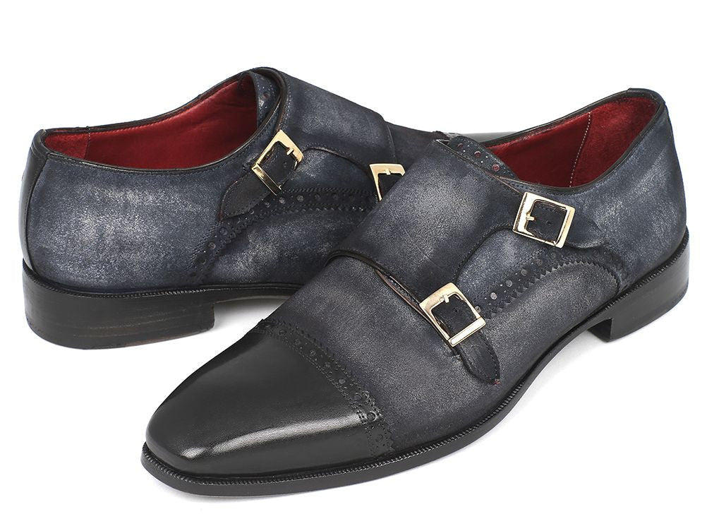 Paul Parkman Men's Suede Double Monkstraps in Navy - Image 2