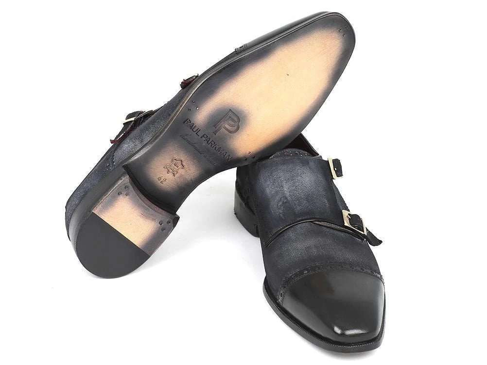 Paul Parkman Men's Suede Double Monkstraps in Navy - Image 3