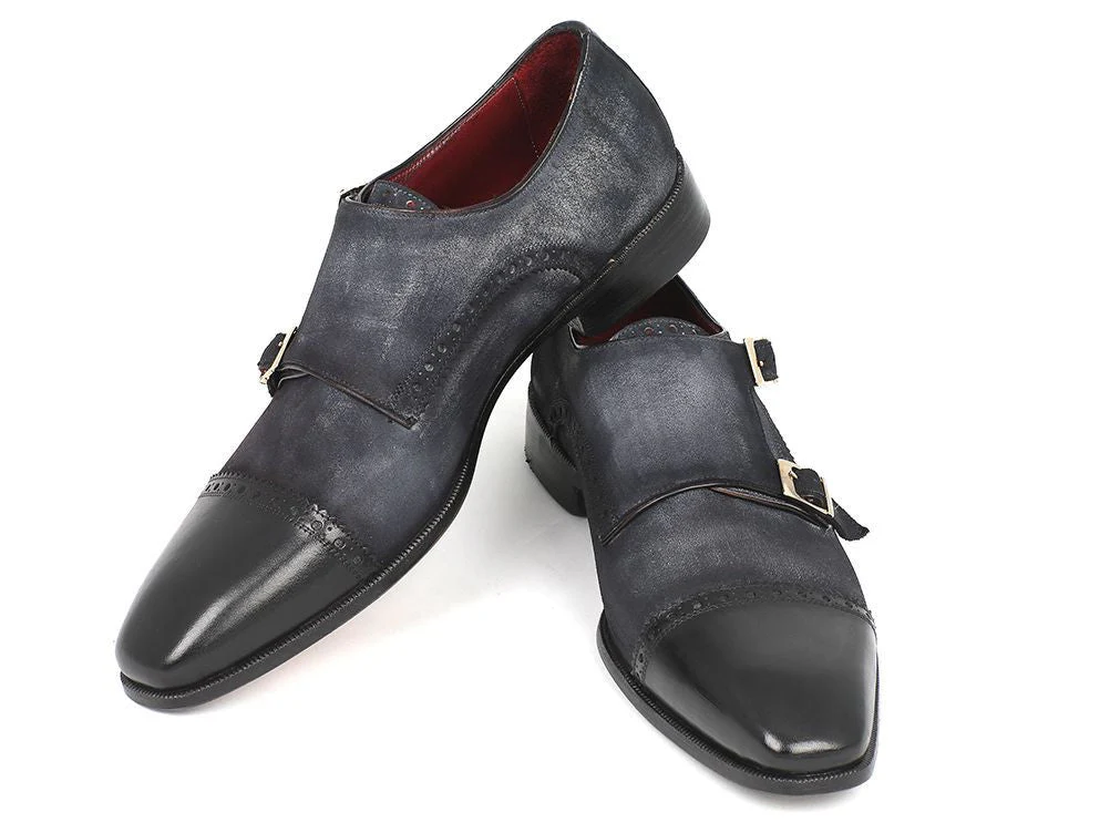 Paul Parkman Men's Suede Double Monkstraps in Navy - Image 4