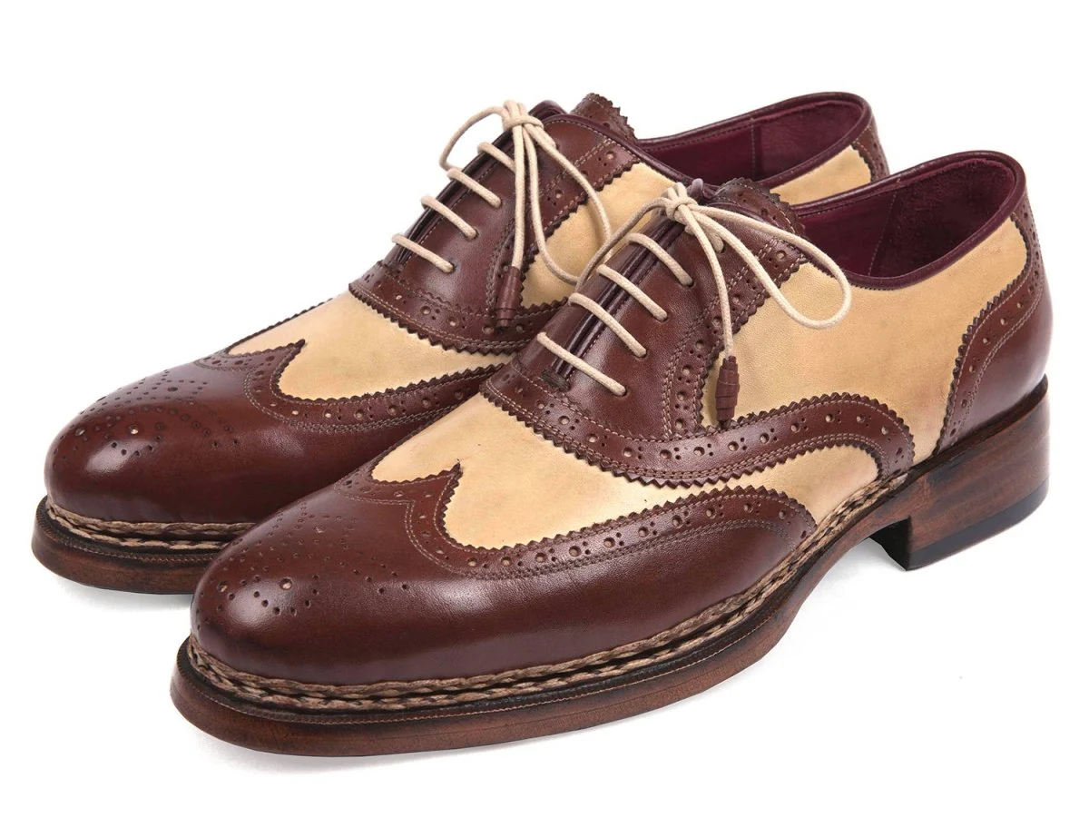 Paul Parkman Men's Triple Leather Sole Wingtip Brogues in Beige and Brown - Image 3