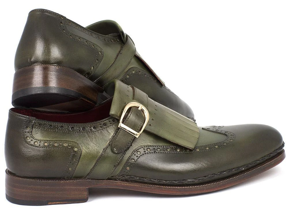 Paul Parkman Men's Wingtip Monkstrap Brogues Green Hand-Painted Leather Upper With Double Leather Sole (ID#060-GREEN) - Image 3