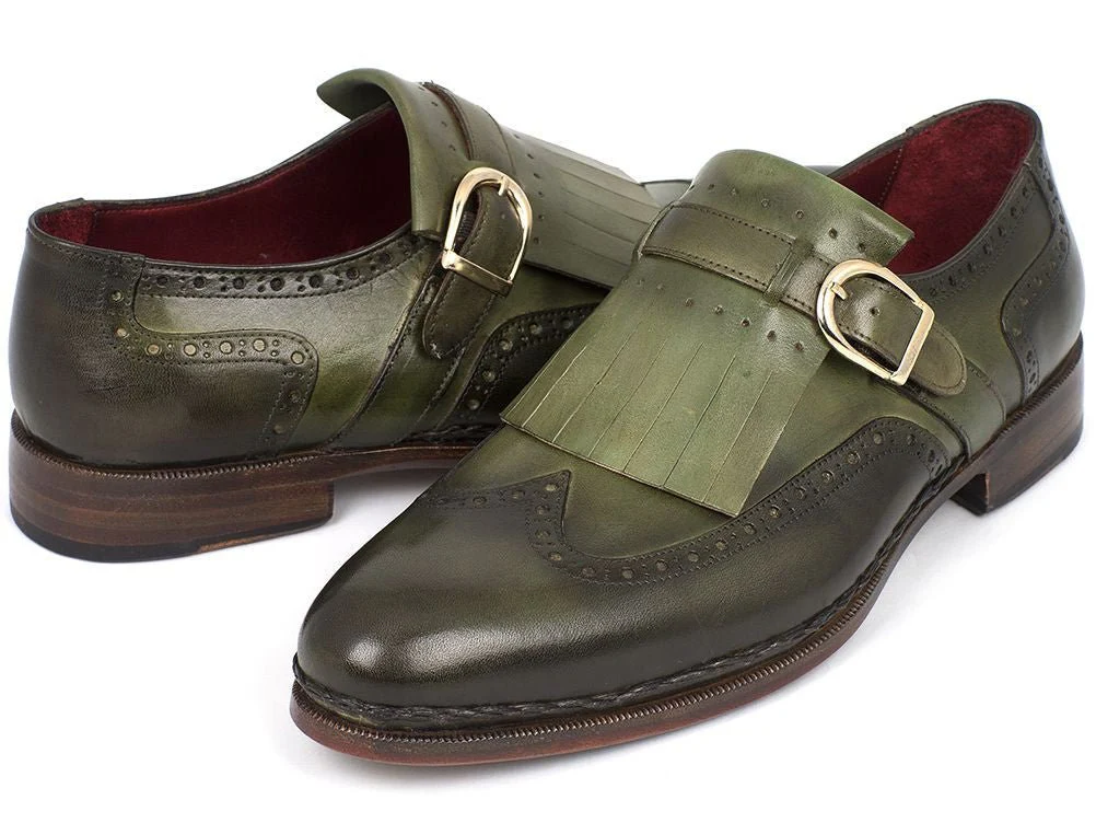 Paul Parkman Men's Wingtip Monkstrap Brogues Green Hand-Painted Leather Upper With Double Leather Sole (ID#060-GREEN) - Image 4