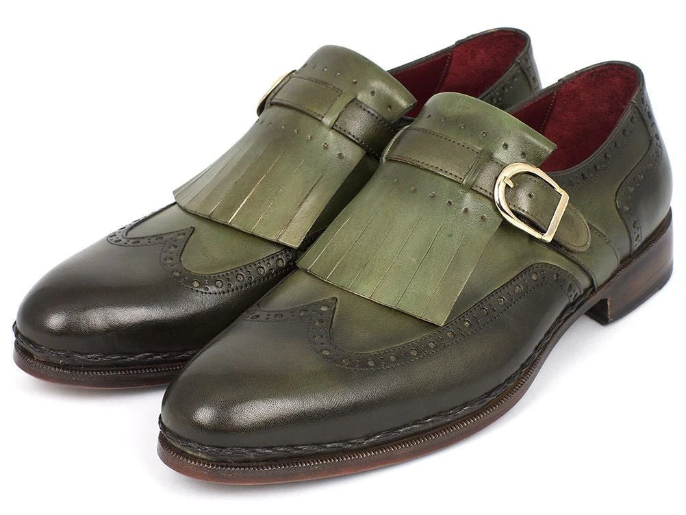 Paul Parkman Men's Wingtip Monkstrap Brogues Green Hand-Painted Leather Upper With Double Leather Sole (ID#060-GREEN) - Image 6