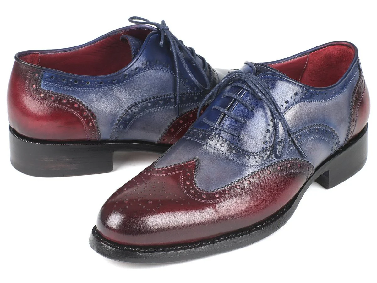 Paul Parkman Men's Wingtip Oxfords Goodyear Welted in Bordeaux, Grey and Blue - Image 3