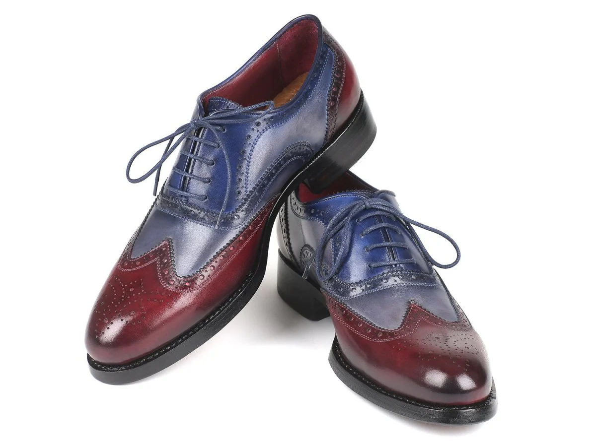 Paul Parkman Men's Wingtip Oxfords Goodyear Welted in Bordeaux, Grey and Blue - Image 4