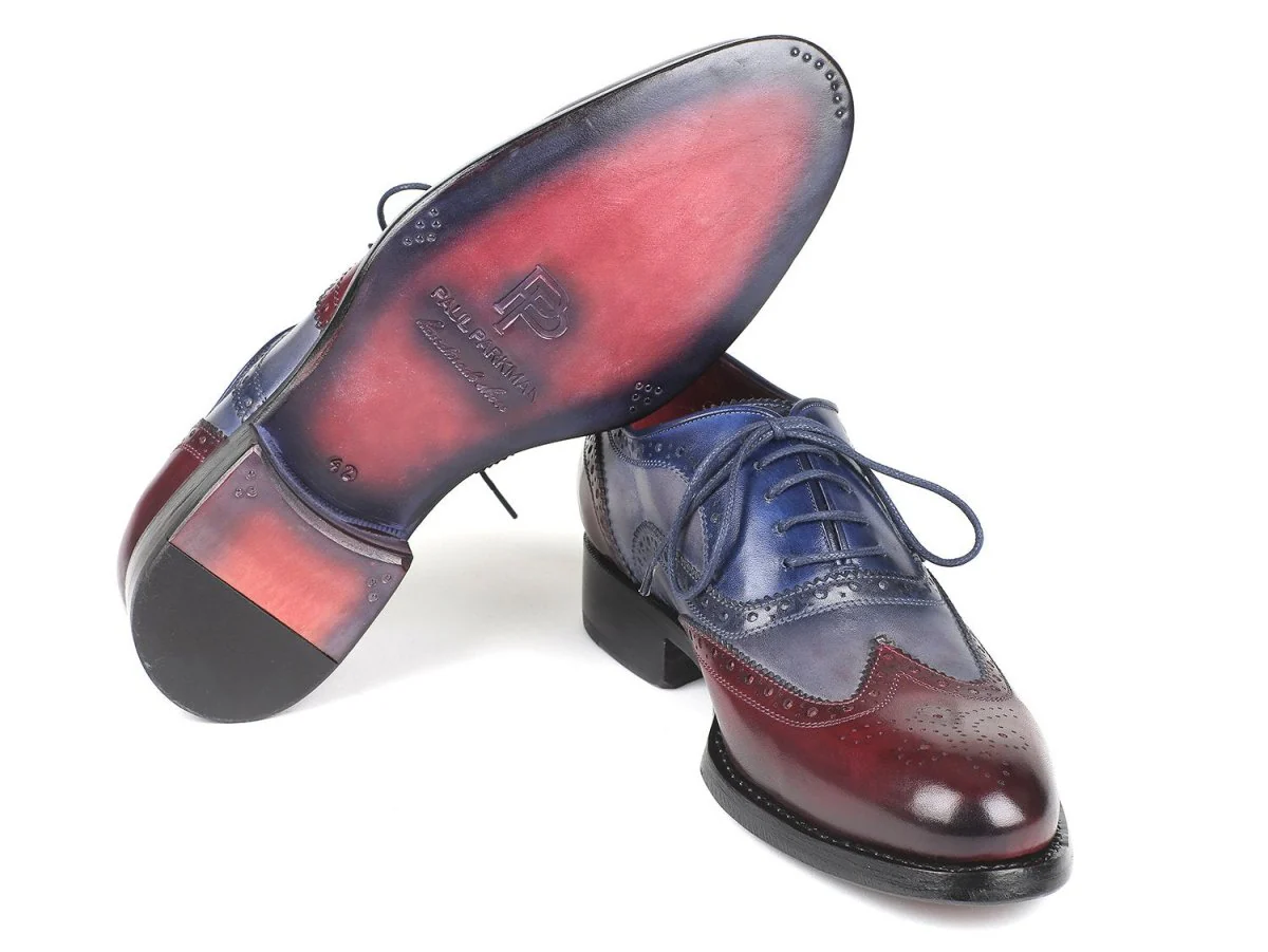Paul Parkman Men's Wingtip Oxfords Goodyear Welted in Bordeaux, Grey and Blue - Image 5