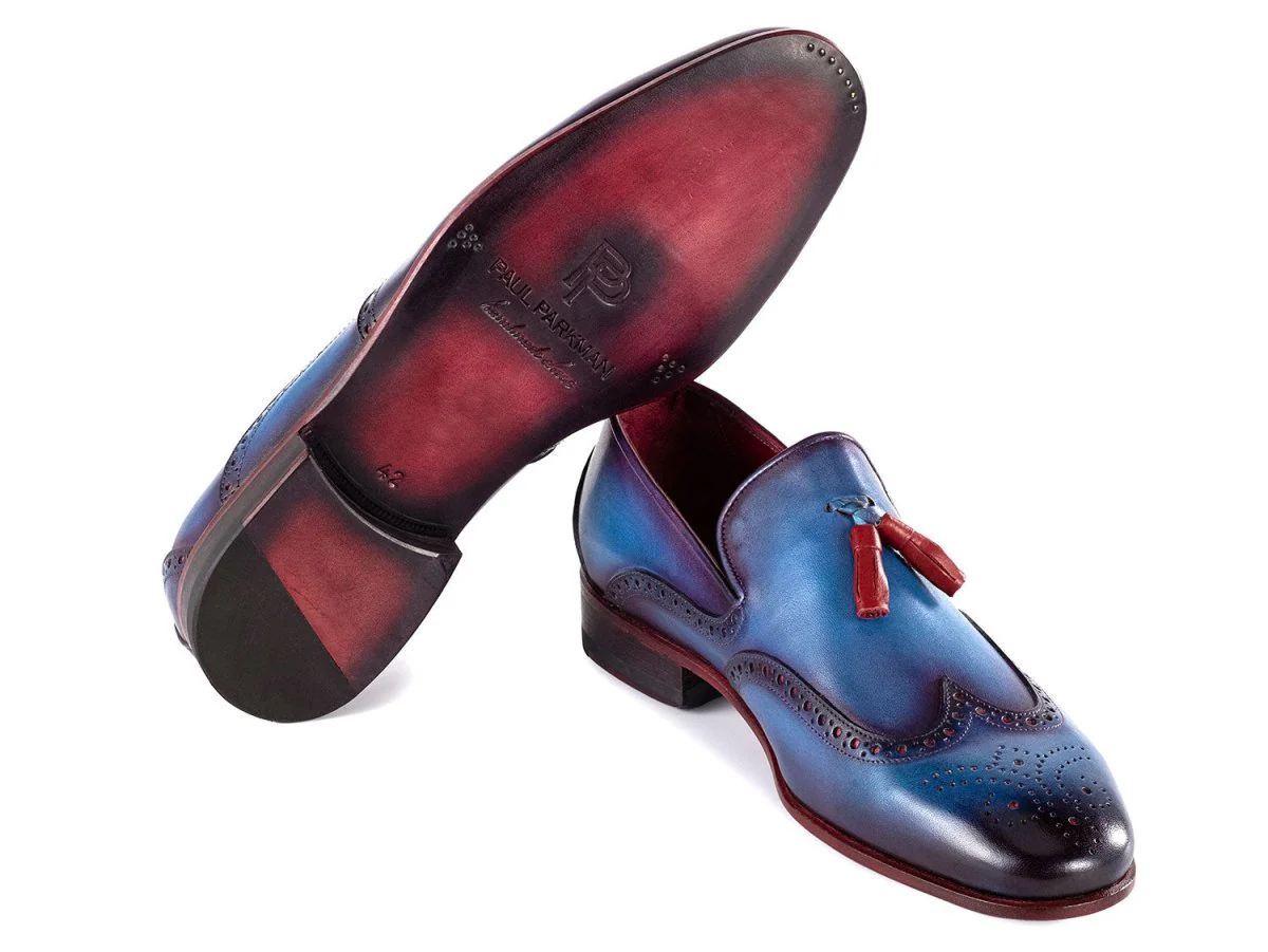 Paul Parkman Men's Wingtip Tassel Loafers Blue Leather (ID#WL667-BLU) - Image 3