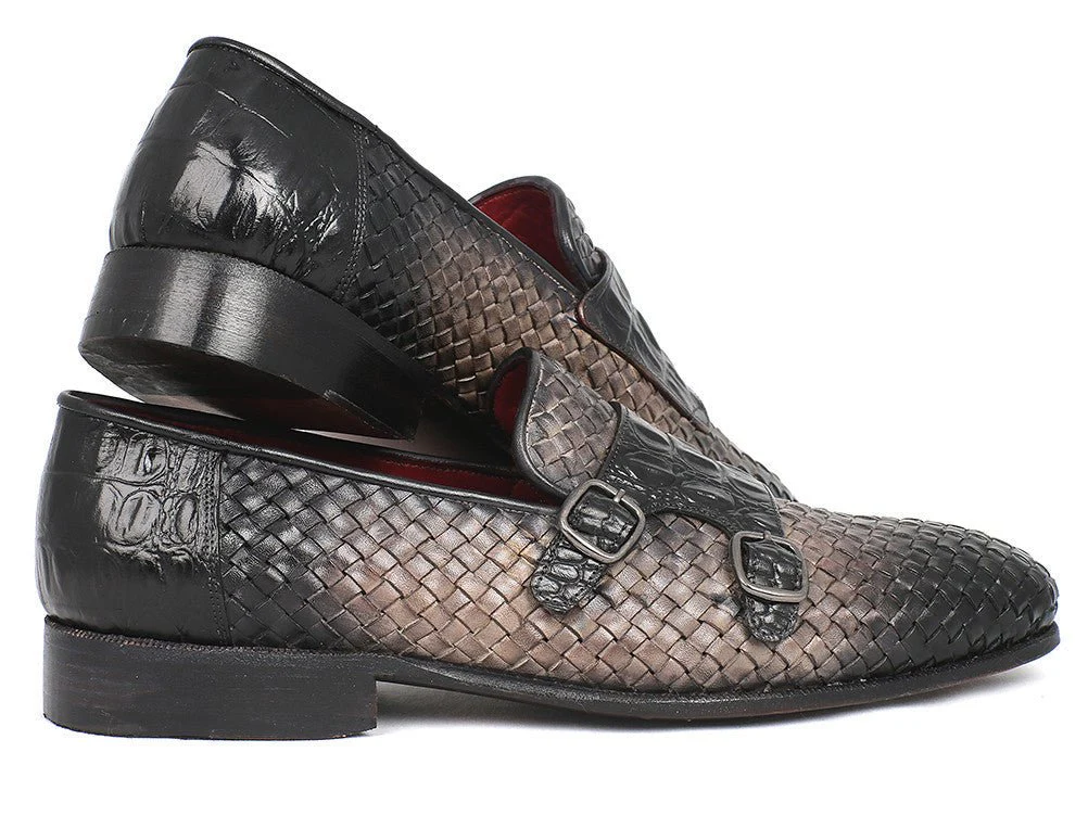 Paul Parkman Men's Woven and Croco-Embossed Leather Monkstraps in Black and Gray - Image 2